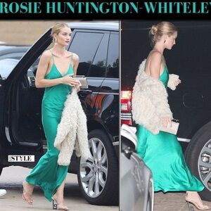 5/$50 GREEN HOLIDAY SATIN RUCHED MIDI DRESS SLIT STRETCH SLIPDRESS SZ M